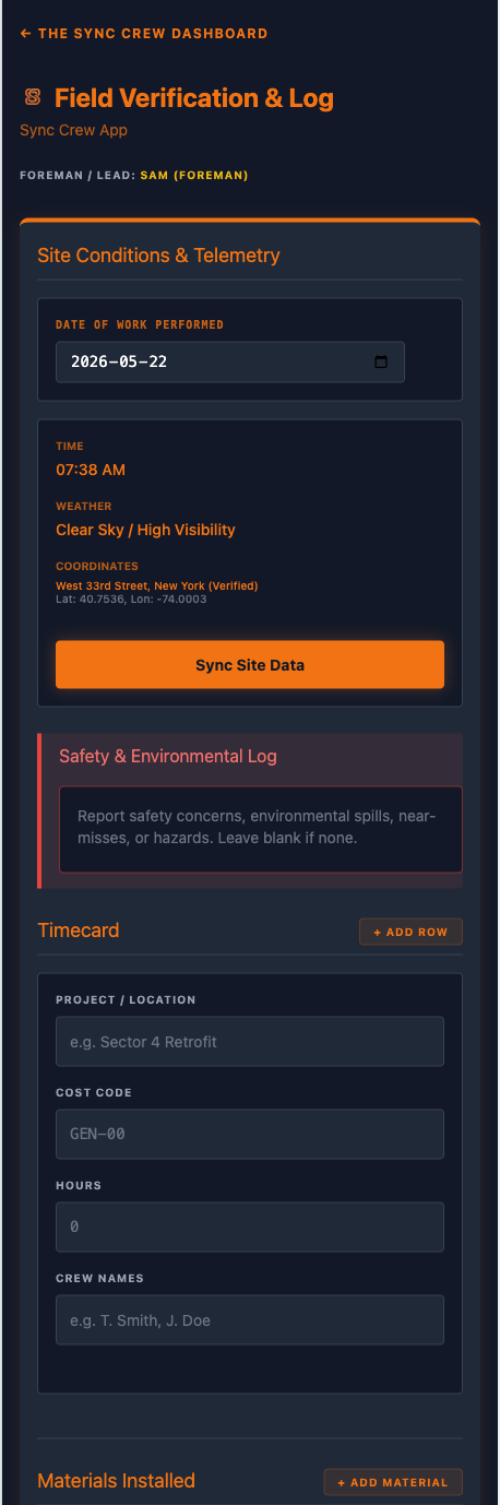 Mobile interface layout for construction foreman daily logs and digital task entry tracking fields.