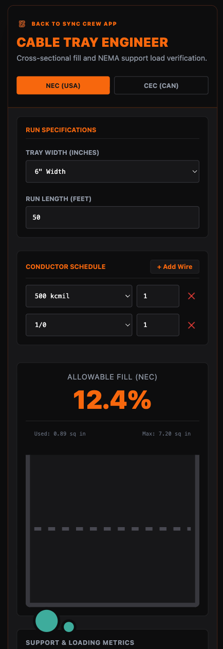 NEMA cable tray cross-sectional fill capacity tracking chart layout on mobile screen view.