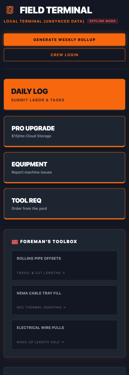 Sync Crew mobile terminal active in offline connection mode saving log rows safely into internal browser cache storage pools.